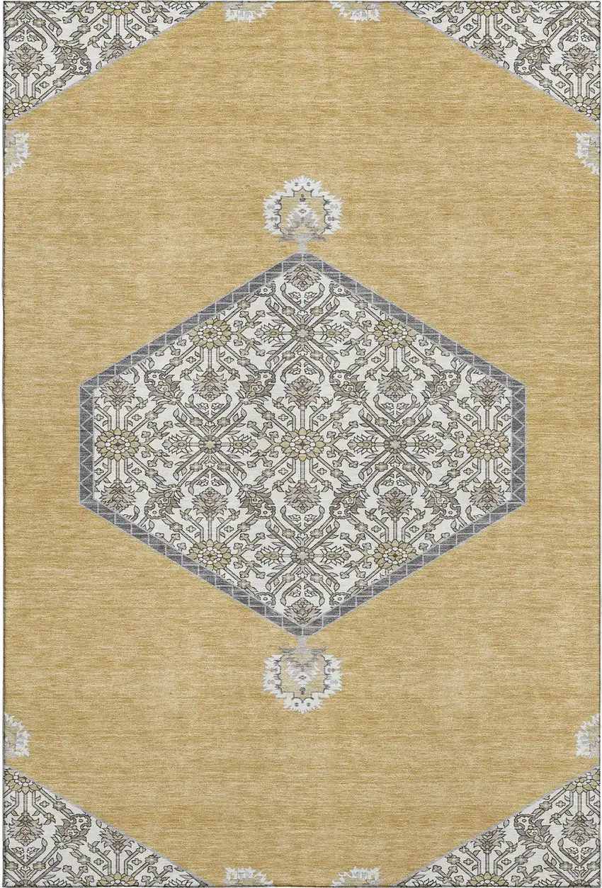 Gold Ivory And Gray Oriental Washable Area Rug With UV Protection Photo 1