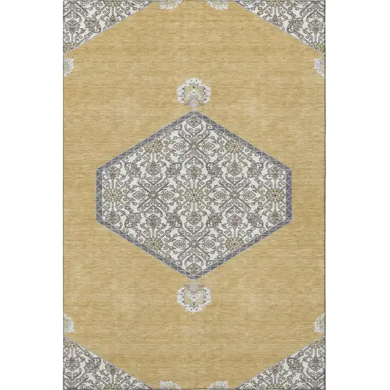 Gold Ivory And Gray Oriental Washable Area Rug With UV Protection Photo 3