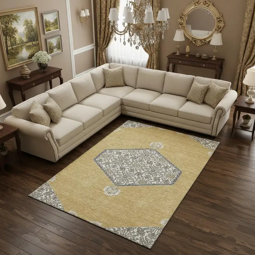 Gold Ivory And Gray Oriental Washable Area Rug With UV Protection Photo 2