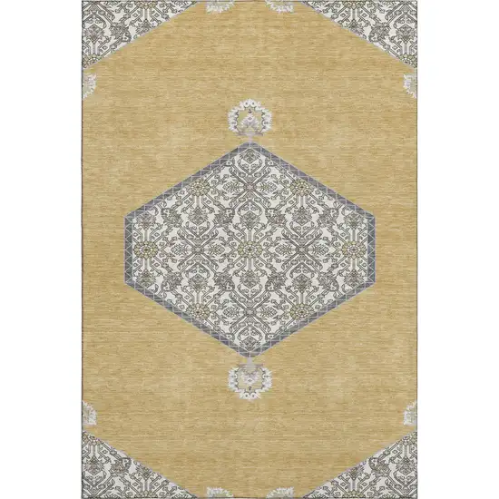 Gold Ivory And Gray Oriental Washable Area Rug With UV Protection Photo 1