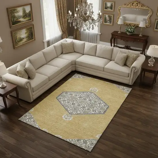Gold Ivory And Gray Oriental Washable Area Rug With UV Protection Photo 2