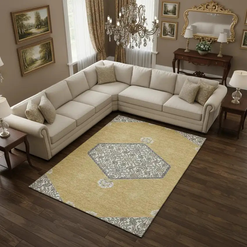 Gold Ivory And Gray Oriental Washable Area Rug With UV Protection Photo 2
