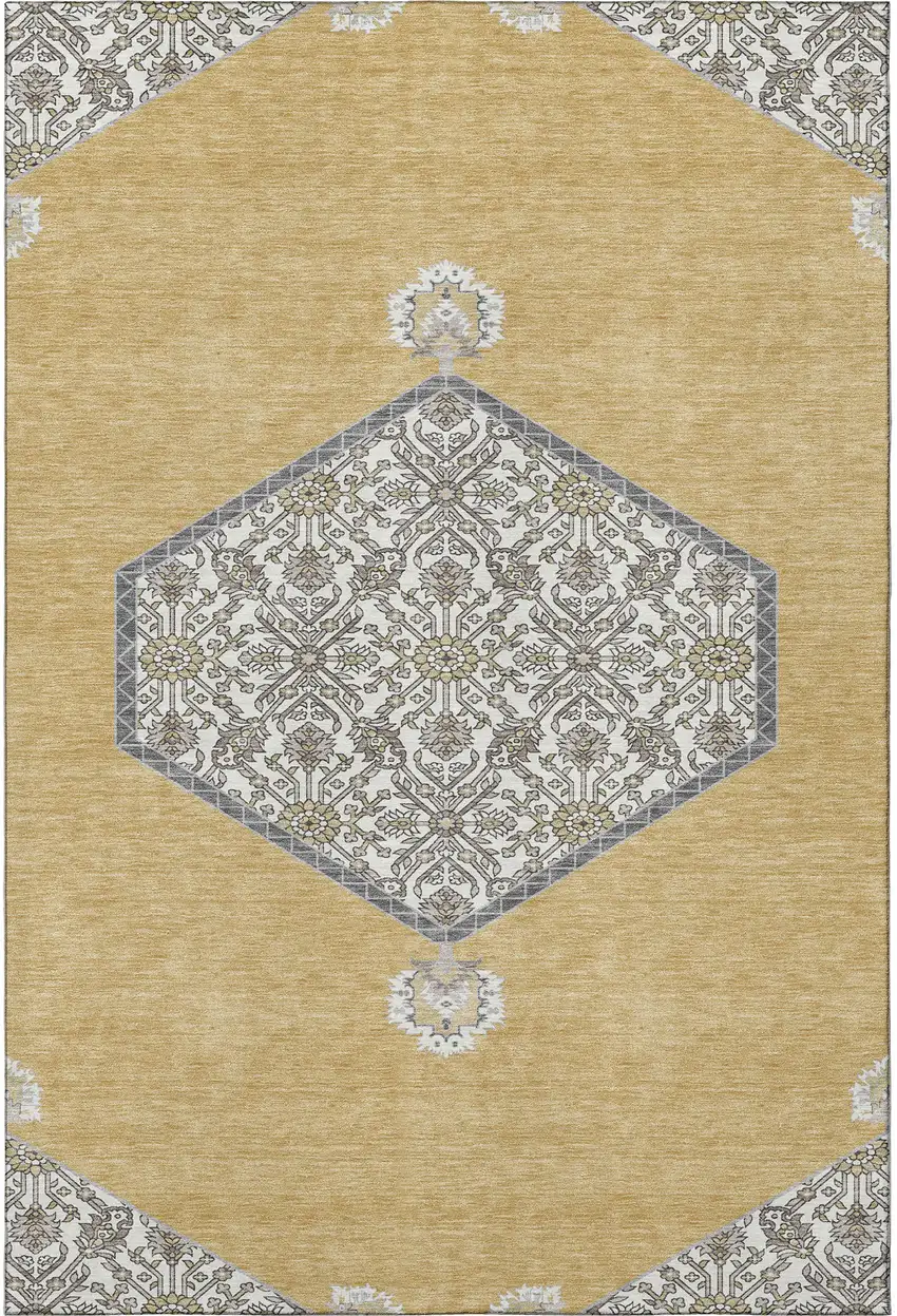 Gold Ivory And Gray Oriental Washable Area Rug With UV Protection Photo 3