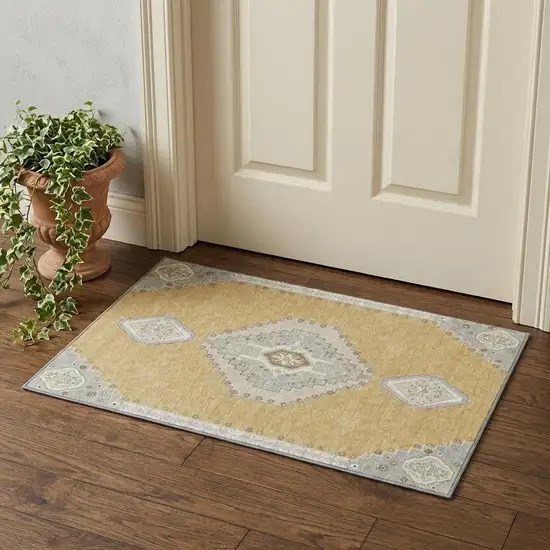 Gold Ivory And Gray Oriental Washable Area Rug With UV Protection Photo 1