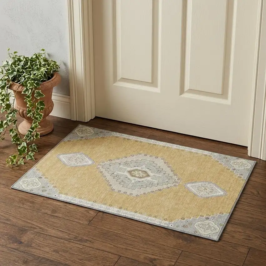 Gold Ivory And Gray Oriental Washable Area Rug With UV Protection Photo 1