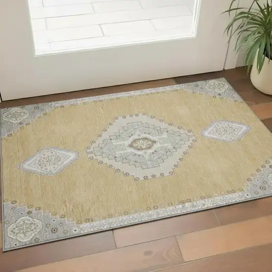 Gold Ivory And Gray Oriental Washable Area Rug With UV Protection Photo 2