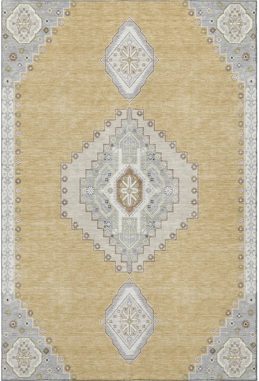 Gold Ivory And Gray Oriental Washable Area Rug With UV Protection Photo 3