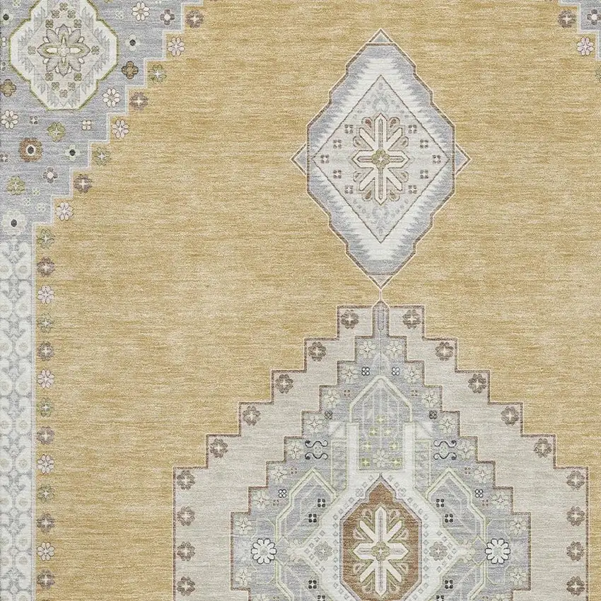 Gold Ivory And Gray Oriental Washable Area Rug With UV Protection Photo 2