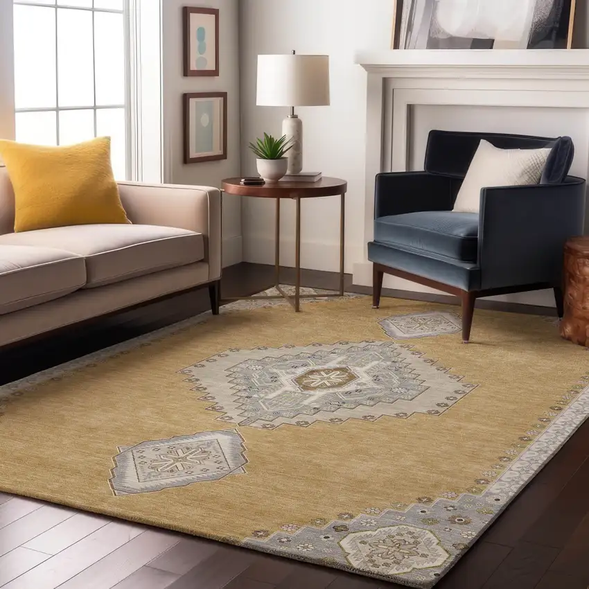 Gold Ivory And Gray Oriental Washable Area Rug With UV Protection Photo 4