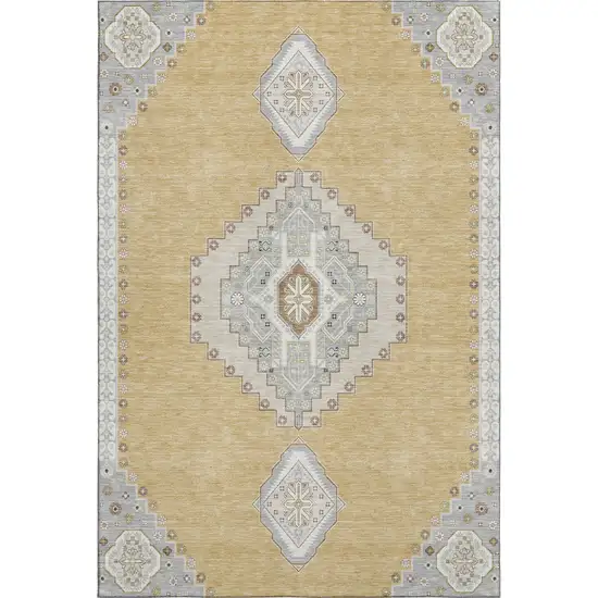 Gold Ivory And Gray Oriental Washable Area Rug With UV Protection Photo 1