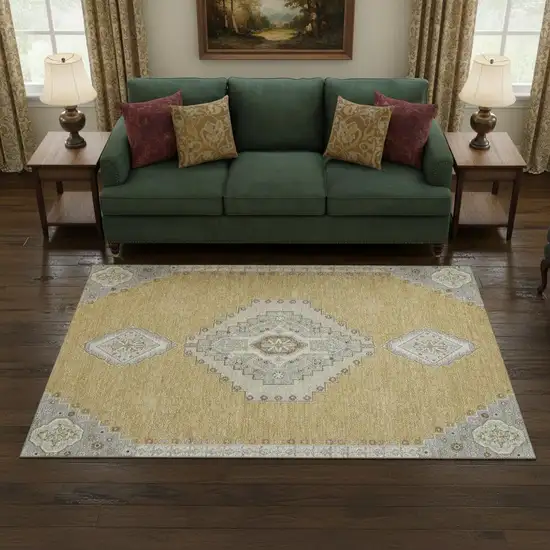 Gold Ivory And Gray Oriental Washable Area Rug With UV Protection Photo 2