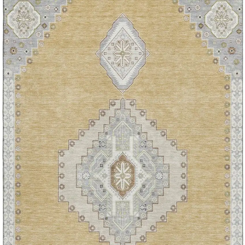 Gold Ivory And Gray Oriental Washable Area Rug With UV Protection Photo 2