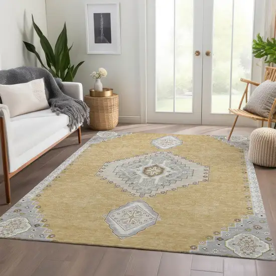 Gold Ivory And Gray Oriental Washable Area Rug With UV Protection Photo 5