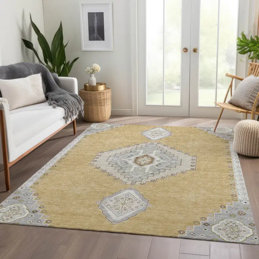 Gold Ivory And Gray Oriental Washable Area Rug With UV Protection Photo 5