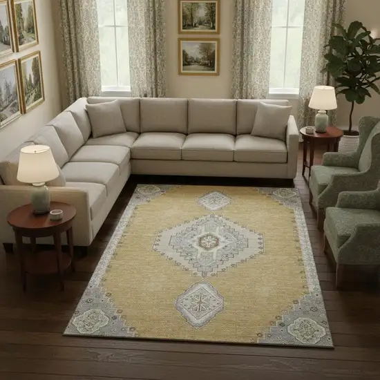 Gold Ivory And Gray Oriental Washable Area Rug With UV Protection Photo 2