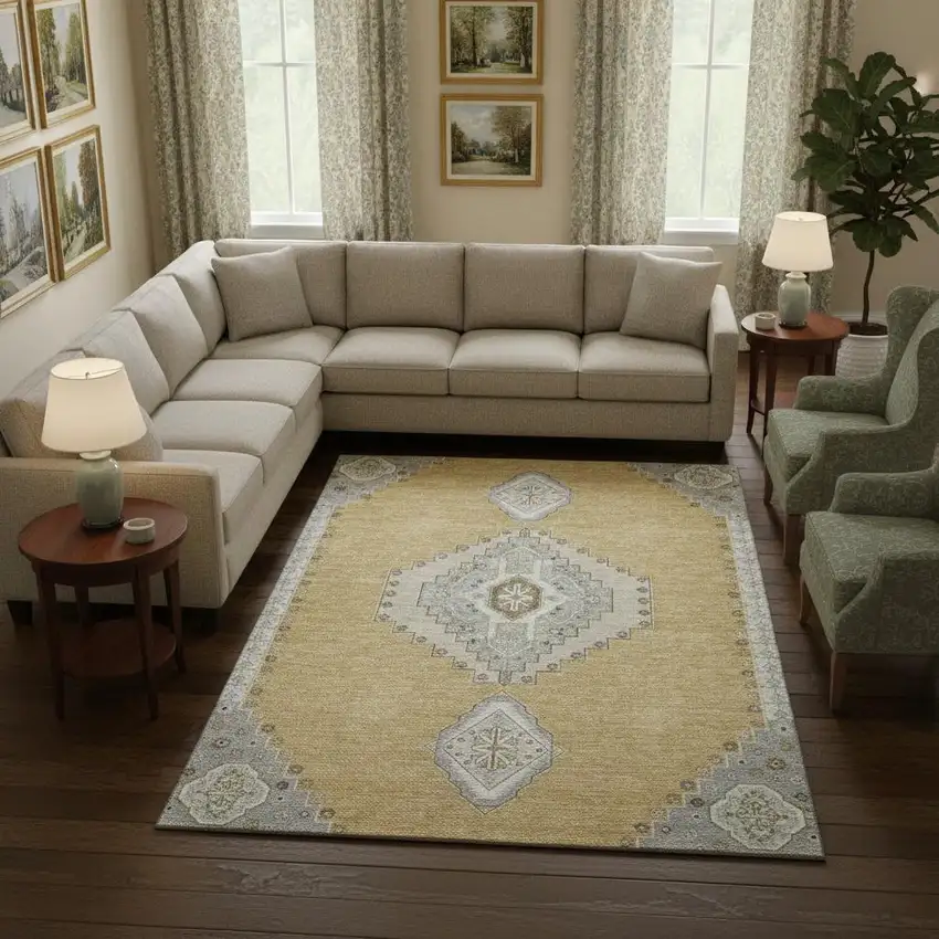 Gold Ivory And Gray Oriental Washable Area Rug With UV Protection Photo 2