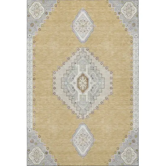 Gold Ivory And Gray Oriental Washable Area Rug With UV Protection Photo 3