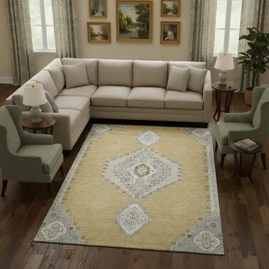 Gold Ivory And Gray Oriental Washable Area Rug With UV Protection Photo 2