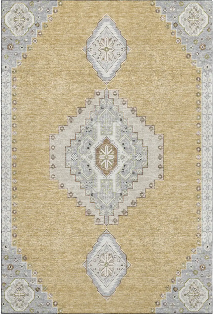 Gold Ivory And Gray Oriental Washable Area Rug With UV Protection Photo 1