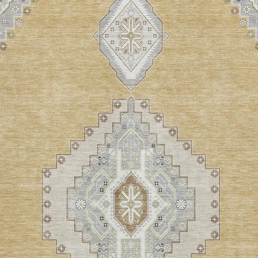 Gold Ivory And Gray Oriental Washable Area Rug With UV Protection Photo 2