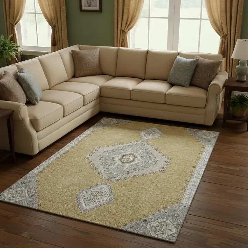 Gold Ivory And Gray Oriental Washable Area Rug With UV Protection Photo 2