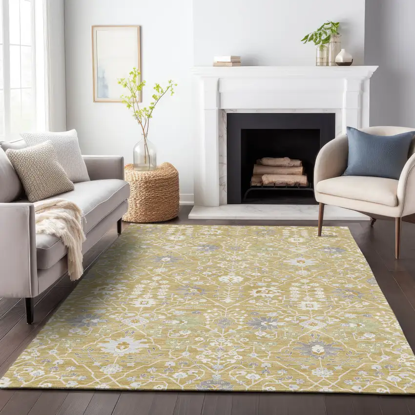 Gold Ivory And Gray Oriental Washable Indoor Outdoor Area Rug Photo 9