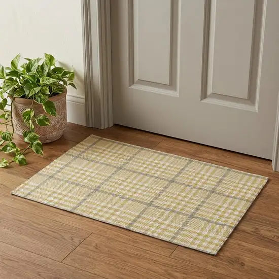Gold Ivory And Gray Plaid Washable Area Rug With UV Protection Photo 1