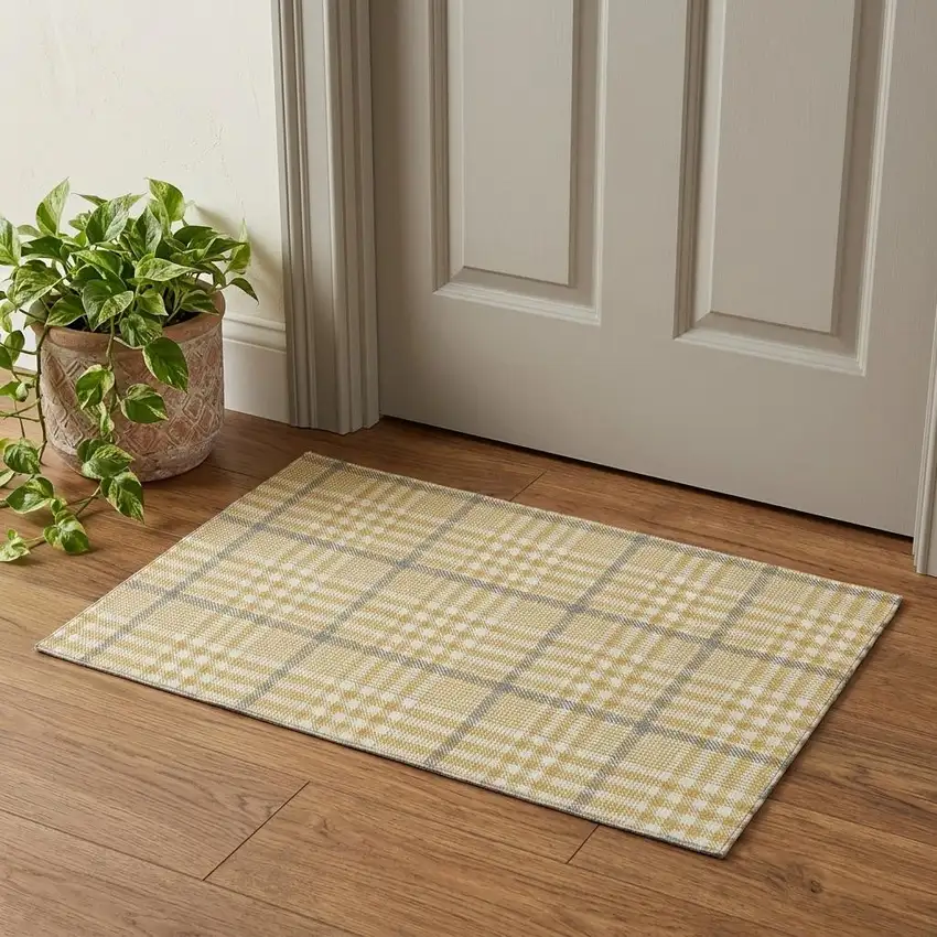 Gold Ivory And Gray Plaid Washable Area Rug With UV Protection Photo 1