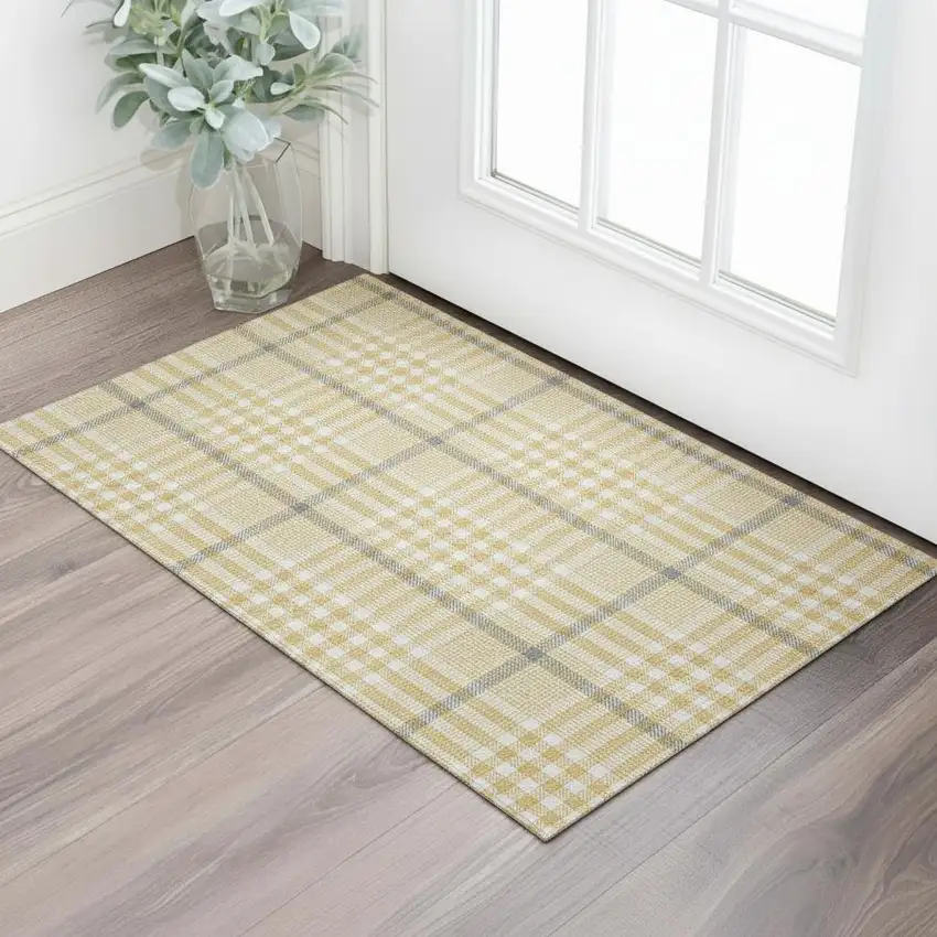 Gold Ivory And Gray Plaid Washable Area Rug With UV Protection Photo 2