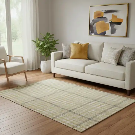 Gold Ivory And Gray Plaid Washable Area Rug With UV Protection Photo 2