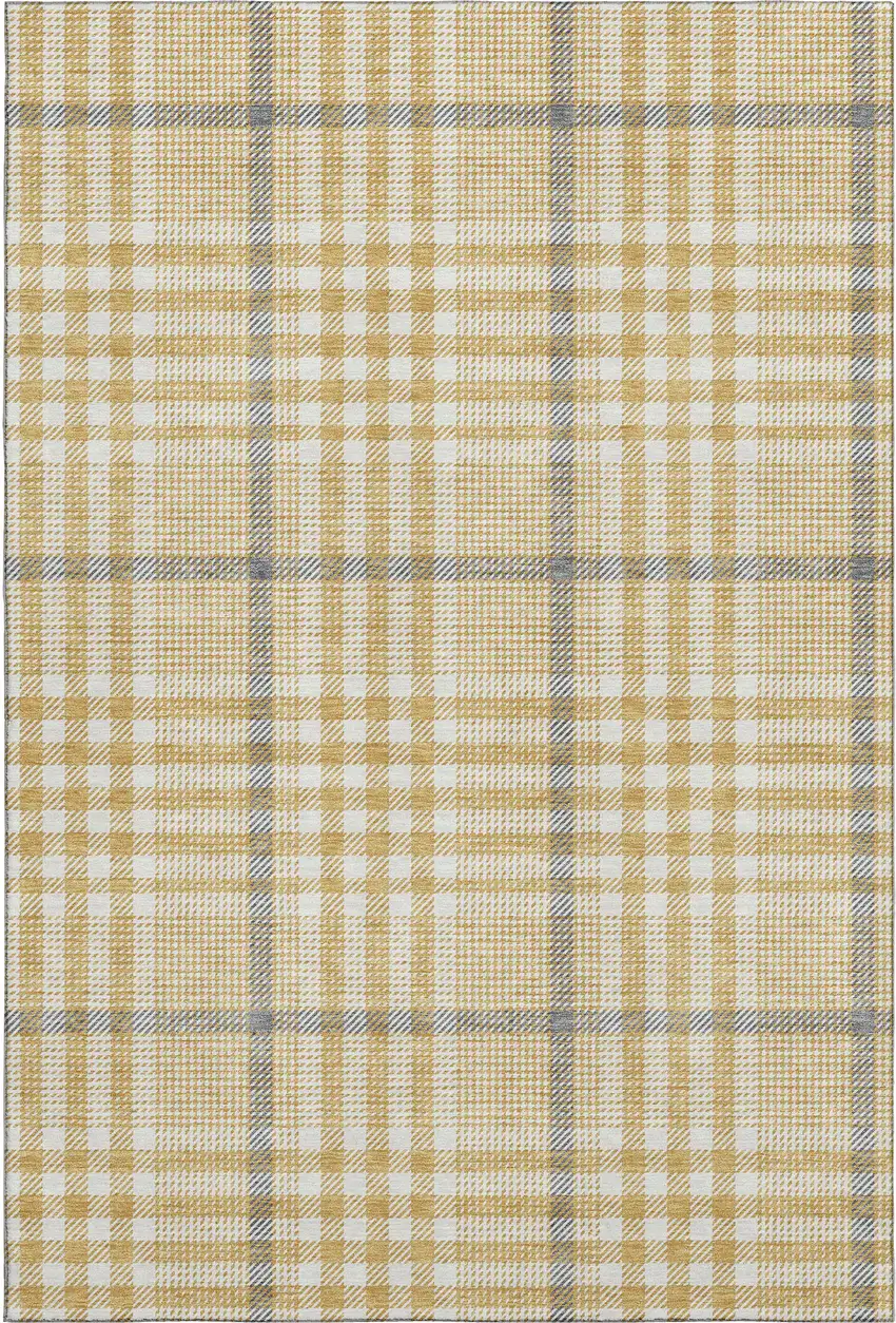 Gold Ivory And Gray Plaid Washable Area Rug With UV Protection Photo 1