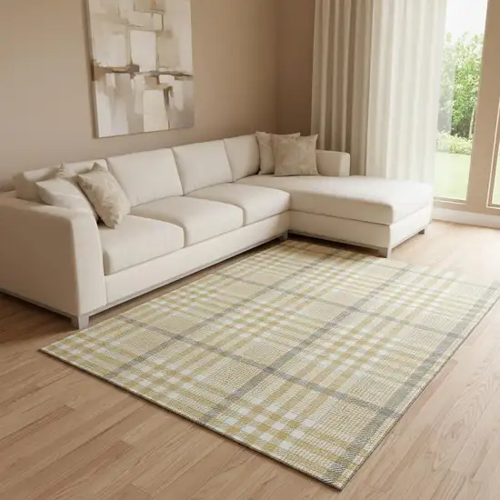 Gold Ivory And Gray Plaid Washable Area Rug With UV Protection Photo 2