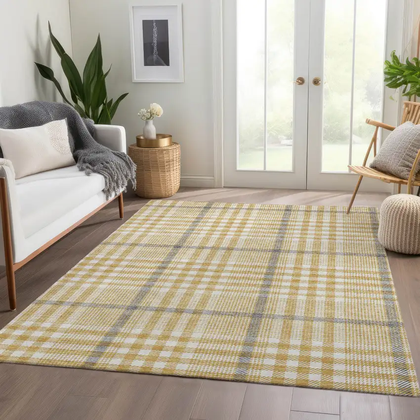 Gold Ivory And Gray Plaid Washable Area Rug With UV Protection Photo 5