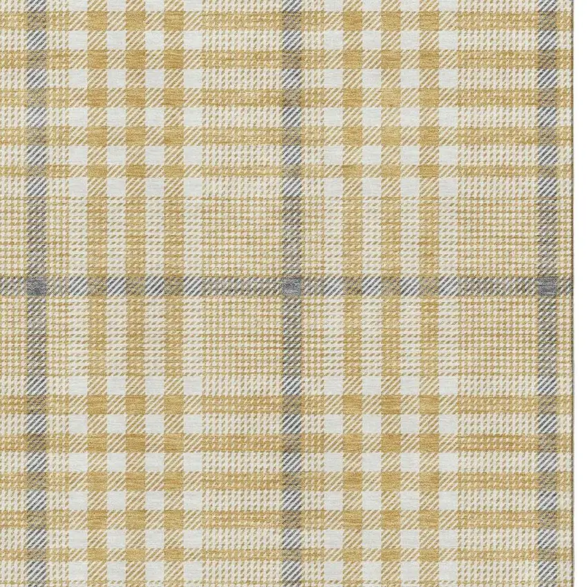 Gold Ivory And Gray Plaid Washable Area Rug With UV Protection Photo 2