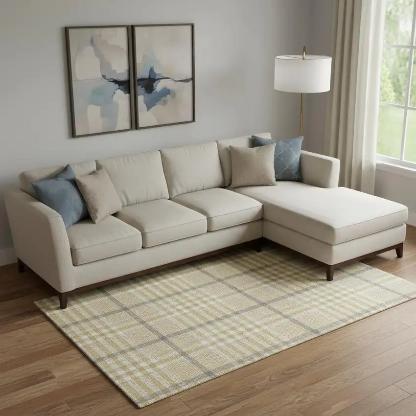 Gold Ivory And Gray Plaid Washable Area Rug With UV Protection Photo 2