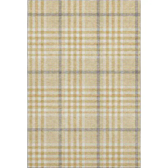 Gold Ivory And Gray Plaid Washable Area Rug With UV Protection Photo 1