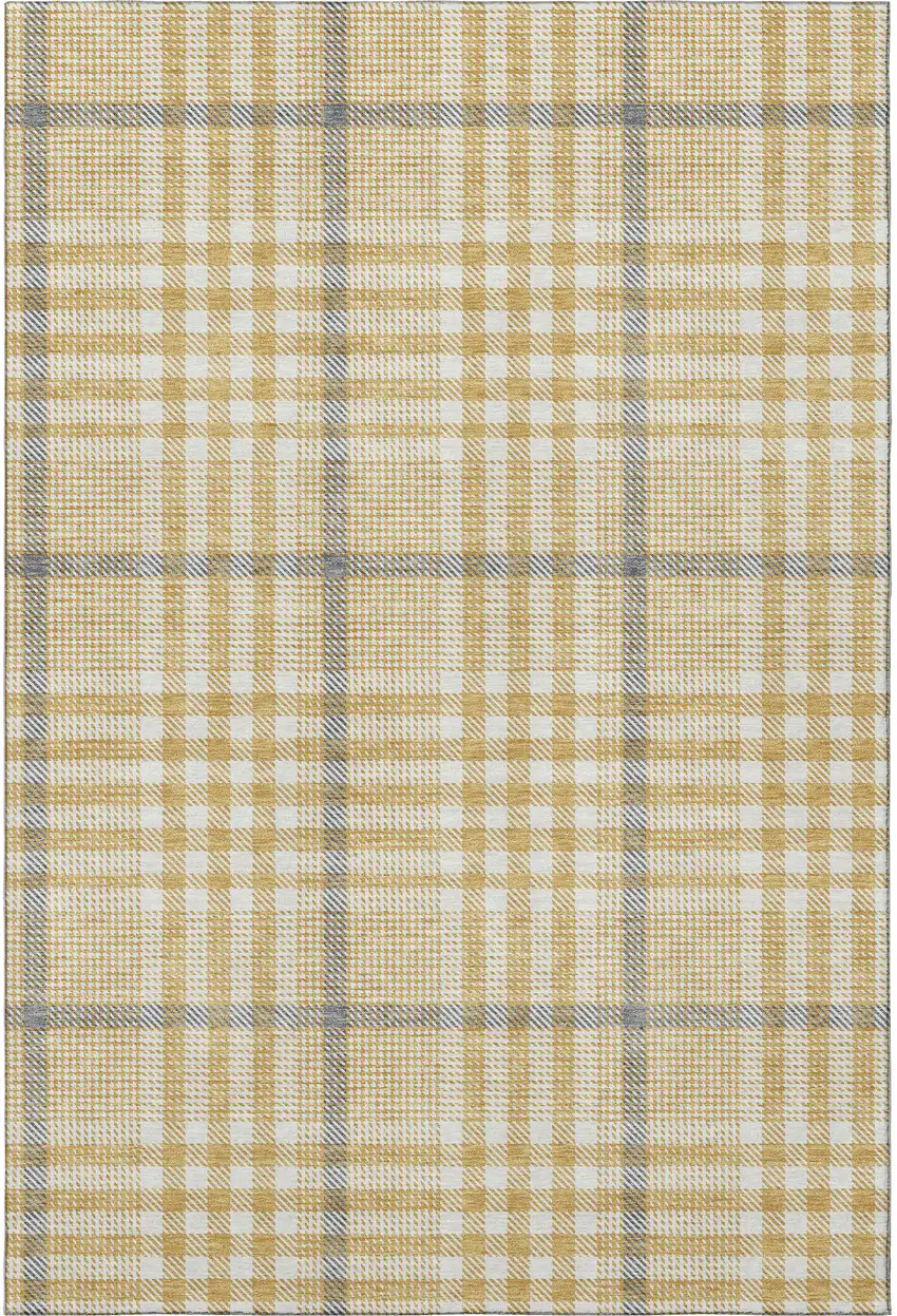 Gold Ivory And Gray Plaid Washable Area Rug With UV Protection Photo 3