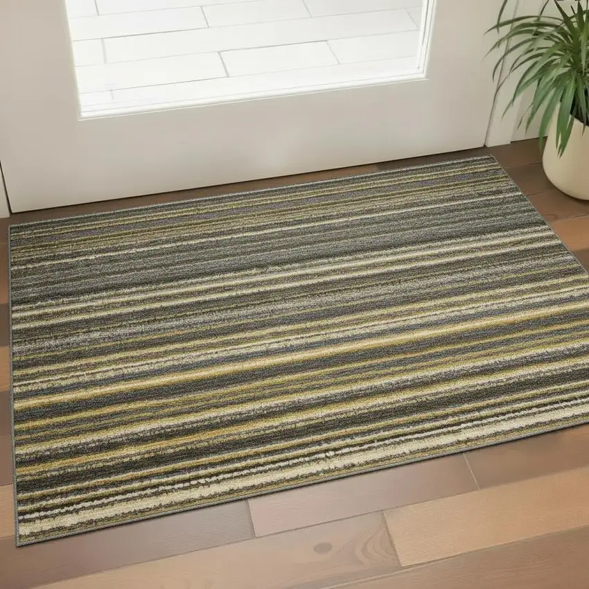 Gold Ivory And Gray Striped Washable Area Rug With UV Protection Photo 1