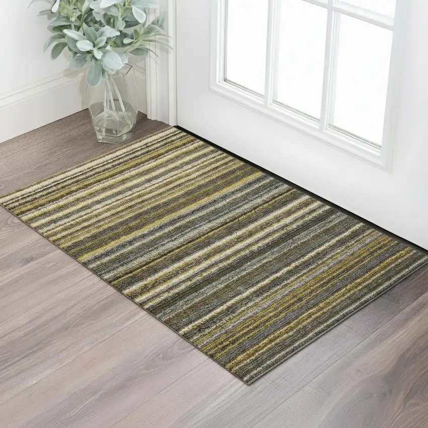 Gold Ivory And Gray Striped Washable Area Rug With UV Protection Photo 1