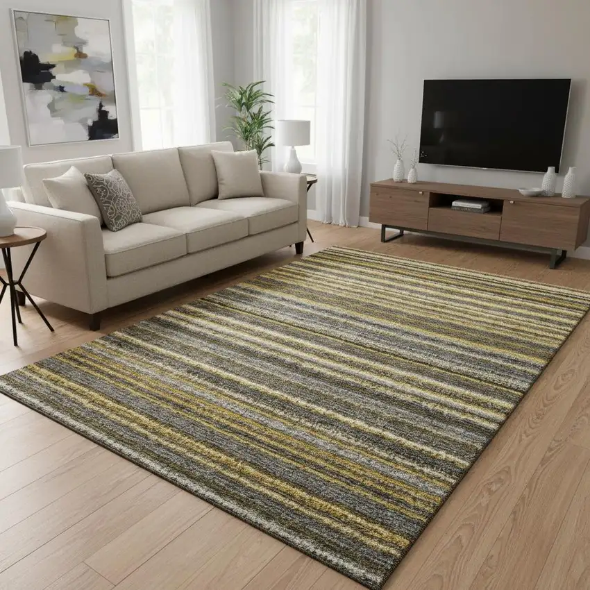 Gold Ivory And Gray Striped Washable Area Rug With UV Protection Photo 2