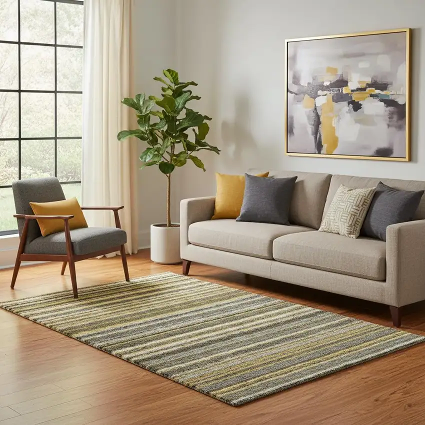 Gold Ivory And Gray Striped Washable Area Rug With UV Protection Photo 2