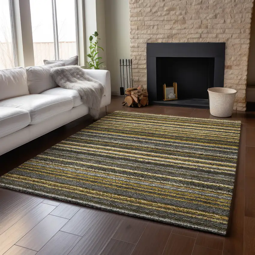 Gold Ivory And Gray Striped Washable Area Rug With UV Protection Photo 5