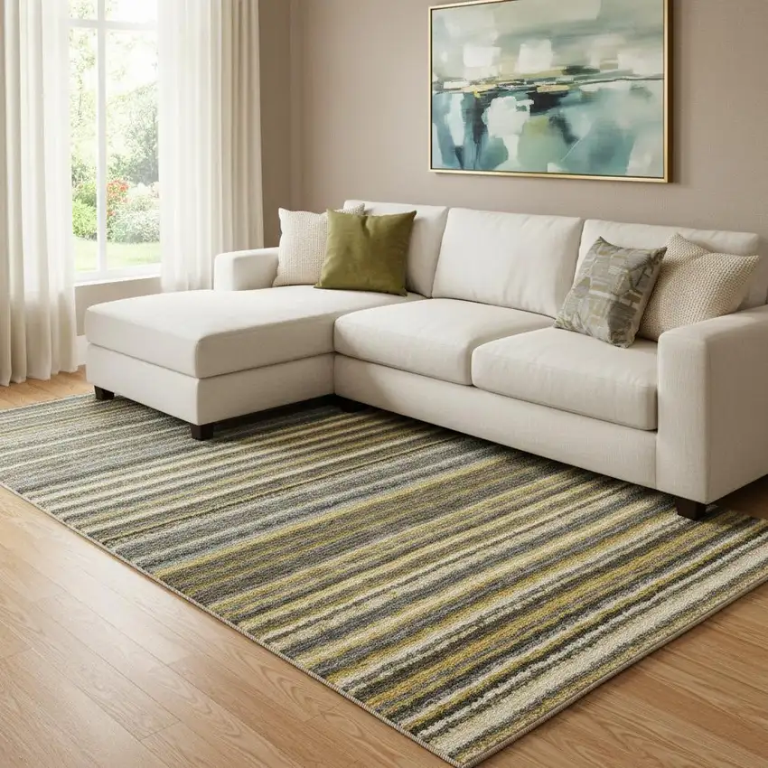 Gold Ivory And Gray Striped Washable Area Rug With UV Protection Photo 1