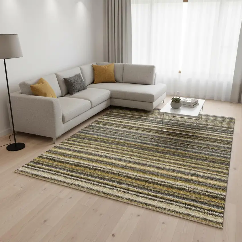 Gold Ivory And Gray Striped Washable Area Rug With UV Protection Photo 2