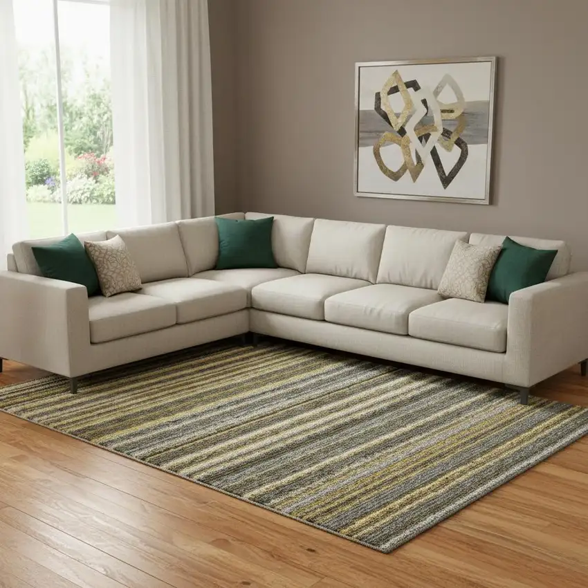 Gold Ivory And Gray Striped Washable Area Rug With UV Protection Photo 1