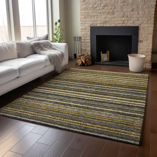 Gold Ivory And Gray Striped Washable Area Rug With UV Protection Photo 4