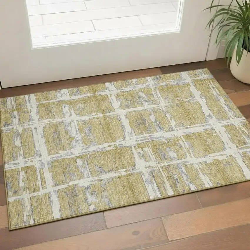Gold Ivory And Gray Striped Washable Area Rug With UV Protection Photo 1