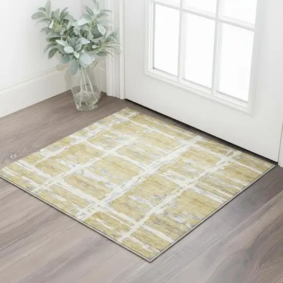 Gold Ivory And Gray Striped Washable Area Rug With UV Protection Photo 2