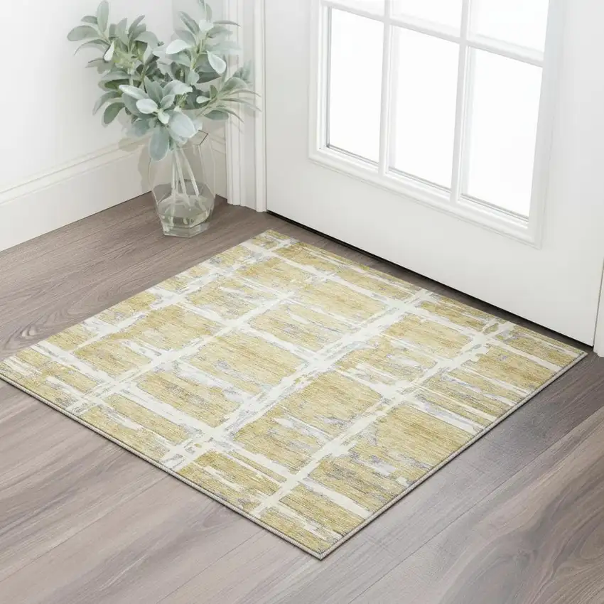 Gold Ivory And Gray Striped Washable Area Rug With UV Protection Photo 2
