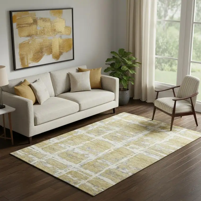 Gold Ivory And Gray Striped Washable Area Rug With UV Protection Photo 1